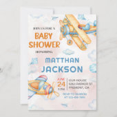 かわいいヴィンテージレトロ黄色い飛行機の赤ちゃんシャワー 招待状 (正面)