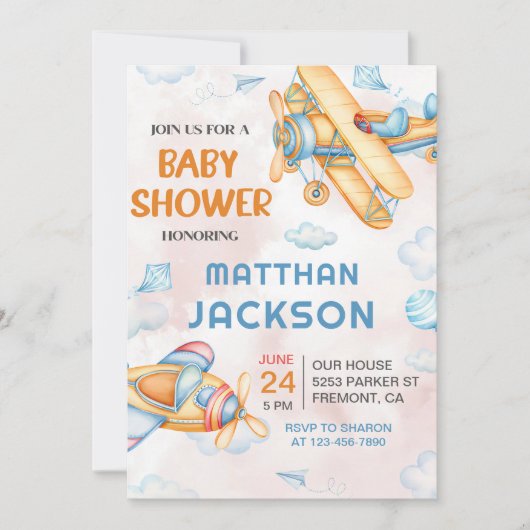 かわいいヴィンテージレトロ黄色い飛行機の赤ちゃんシャワー 招待状 (正面)