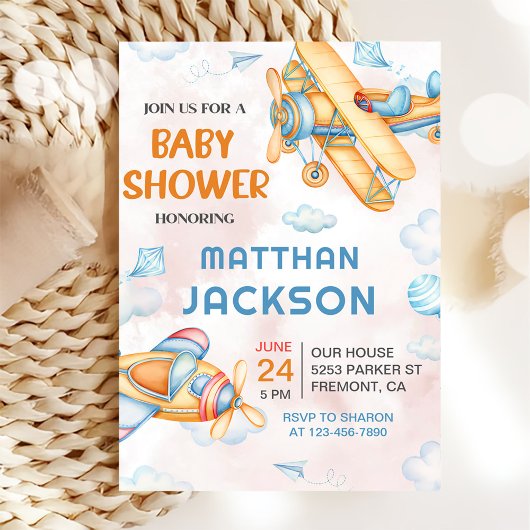 かわいいヴィンテージレトロ黄色い飛行機の赤ちゃんシャワー 招待状