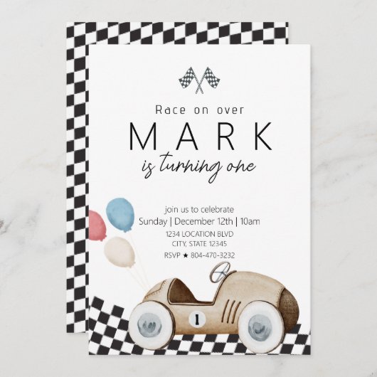 かわいいヴィンテージレースカー誕生日 招待状 (正面/裏面)