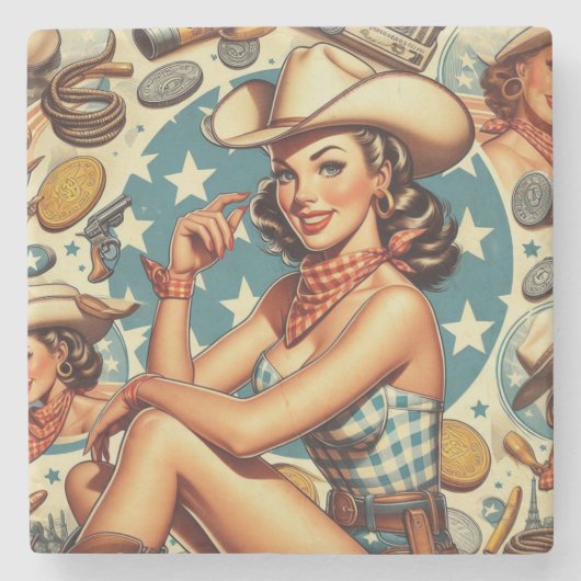 かわいいヴィンテージ女性のカーボーイ ストーンコースター (正面)