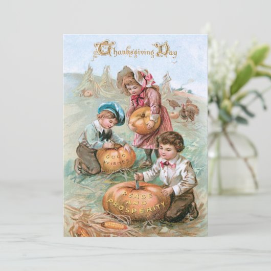 かわいいヴィンテージ子どもがカボチャを彫る シーズンカード (スタンド正面)