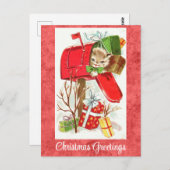 かわいいヴィンテージ子猫クリスマスグリーティング ポストカード (正面/裏面)