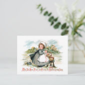 かわいいヴィンテージ巡礼少女と料理ポット ポストカード (スタンド正面)