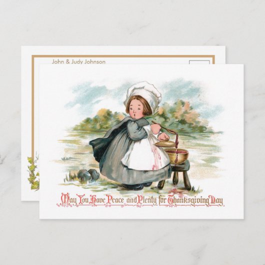 かわいいヴィンテージ巡礼少女と料理ポット ポストカード (正面/裏面)