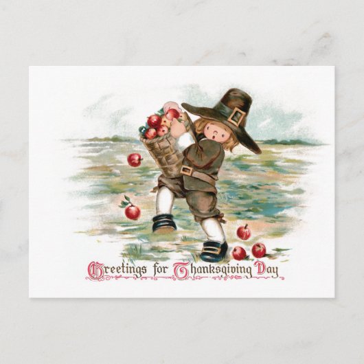 かわいいヴィンテージ巡礼少年とリンゴ ポストカード (正面)