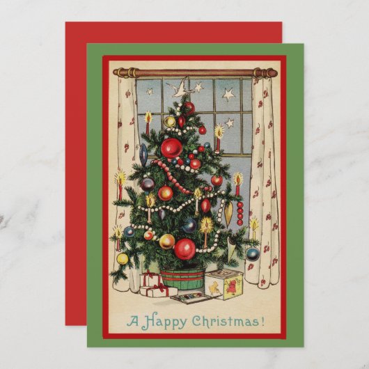 かわいいヴィンテージ幸せなクリスマスツリー シーズンカード (正面/裏面)