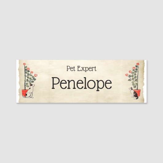 かわいいヴィンテージ犬と猫ペットストア動物専門家 名札 (正面)
