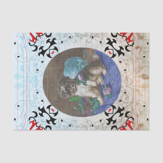 かわいいヴィンテージ犬のモチーフの技術およびdecoupage 薄葉紙 (正面)