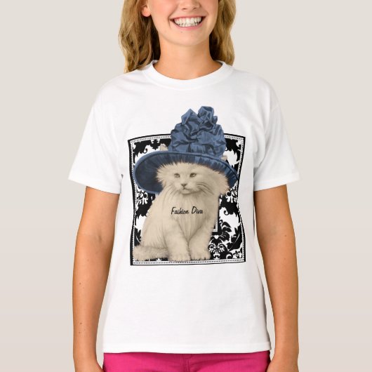 かわいいヴィンテージ猫 青い帽子 ファッション ディーバ Tシャツ (正面)