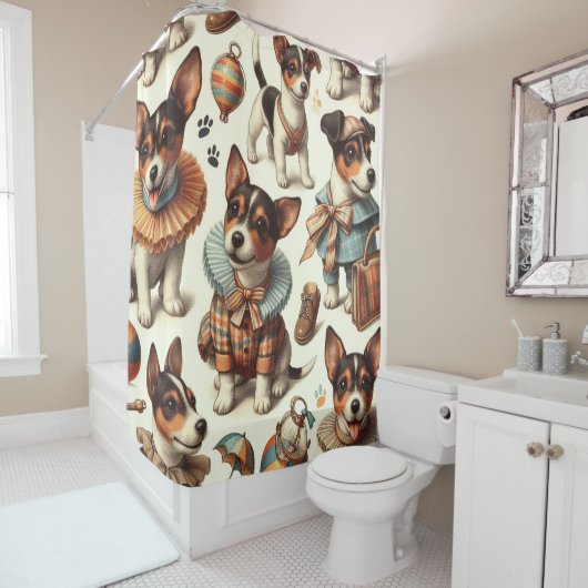 かわいいヴィンテージ玩具キツネテリアシームレス シャワーカーテン (インサイチュ)