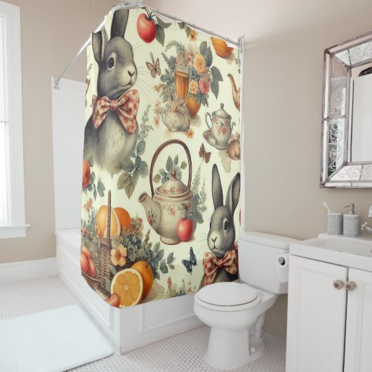 かわいいヴィンテージ絵画ウサギ シャワーカーテン (インサイチュ)