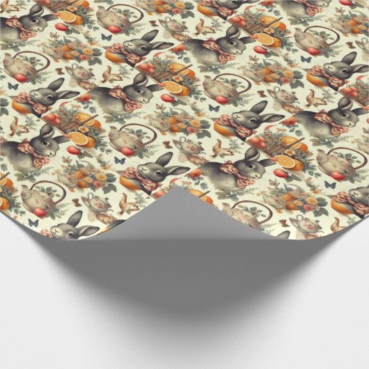 かわいいヴィンテージ絵画ウサギ ラッピングペーパー (角)