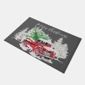 かわいいヴィンテージ赤トラック雪の家族の名前 ドアマット (アングル)