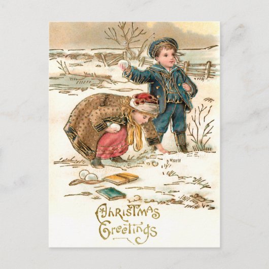 かわいいヴィンテージ遊の子ども達の雪 ポストカード (正面)