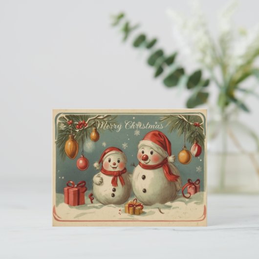 かわいいヴィンテージ雪だるまクリスマスホリデーハガキ シーズンポストカード (スタンド正面)