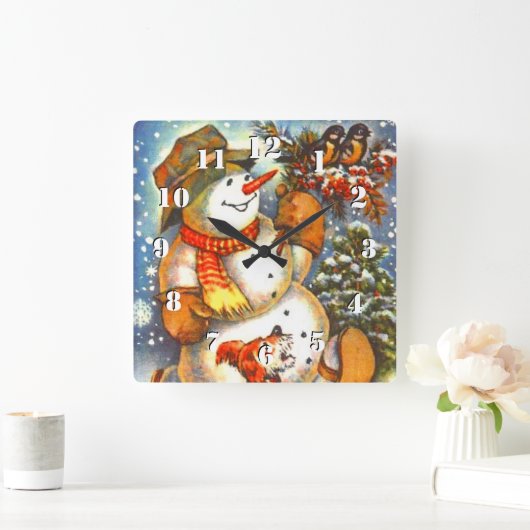 かわいいヴィンテージ霜の降りたの雪だるまAクリスマス スクエア壁時計 (ホーム)