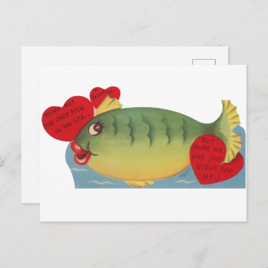 かわいいヴィンテージ魚バレンタイン シーズンポストカード (正面/裏面)