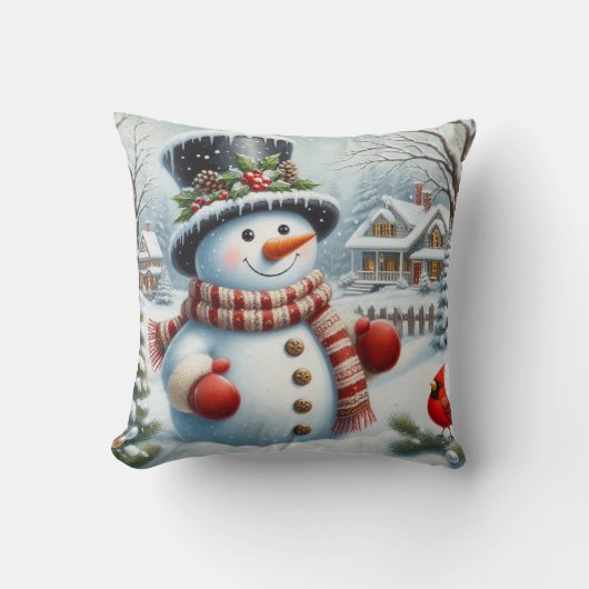 かわいいヴィンテージ/お洒落クリスマス/冬雪だるま クッション (正面)