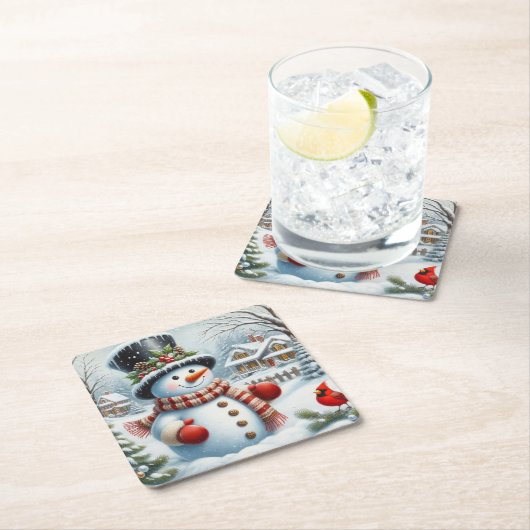 かわいいヴィンテージ/お洒落クリスマス/冬雪だるま スクエアペーパーコースター (インサイチュ)