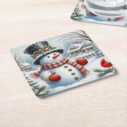 かわいいヴィンテージ/お洒落クリスマス/冬雪だるま スクエアペーパーコースター (アングル)