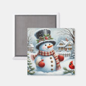 かわいいヴィンテージ/お洒落クリスマス/冬雪だるま マグネット (正面/裏面)