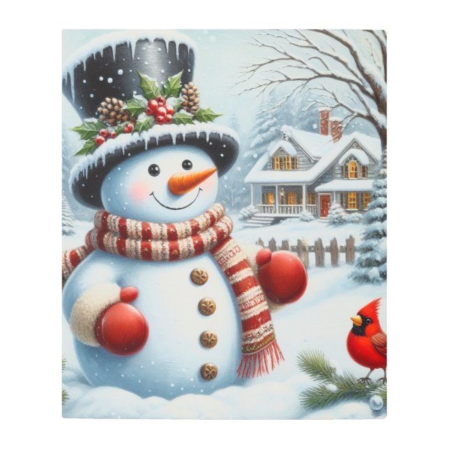 かわいいヴィンテージ/お洒落クリスマス/冬雪だるま メタルプリント (正面)