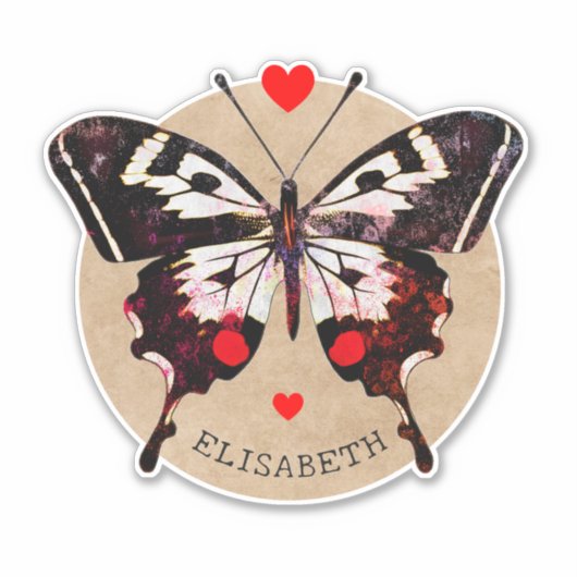 かわいいヴィンテージ グランジ バタフライとハートに名前を添えて シール (正面)