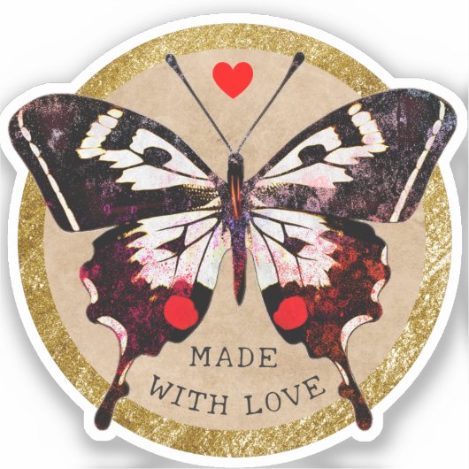 かわいいヴィンテージ グランジ バタフライ ハート 愛を込めて作りました シール (正面)