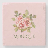 かわいいヴィンテージ ピンクのバラの名入れ ストーンコースター (正面)