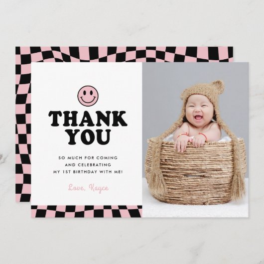 かわいい一人ハッピー赤ちゃんハッピーフォトガール1st誕生日 サンキューカード (正面/裏面)
