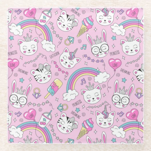 かわいい一角猫 ガラスコースター (正面)