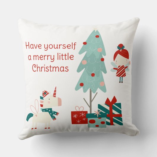 かわいい一角獣と妖精の名前をカスタムするメリークリスマス クッション (裏面)