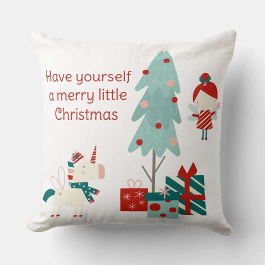 かわいい一角獣と妖精の名前をカスタムするメリークリスマス クッション (正面)