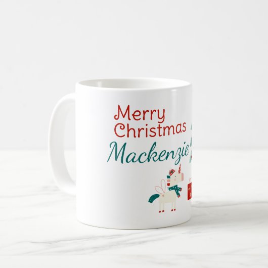 かわいい一角獣と妖精の名前をカスタムするメリークリスマス コーヒーマグカップ (正面左)