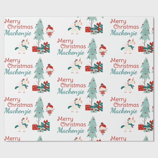 かわいい一角獣と妖精の名前をカスタムするメリークリスマス ラッピングペーパー (フラット)