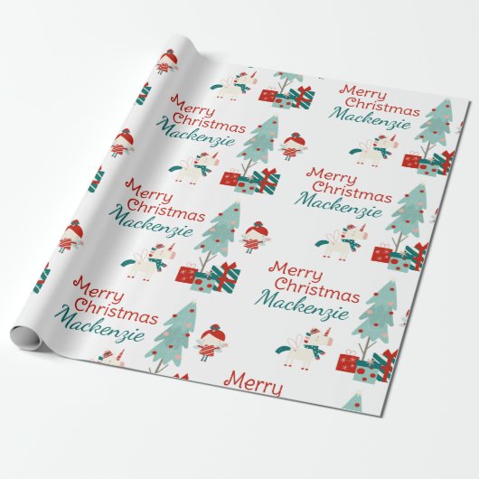 かわいい一角獣と妖精の名前をカスタムするメリークリスマス ラッピングペーパー (アンロールド)