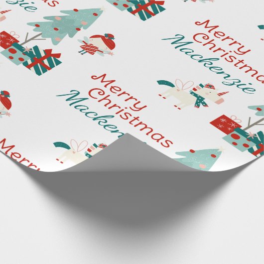 かわいい一角獣と妖精の名前をカスタムするメリークリスマス ラッピングペーパー (角)