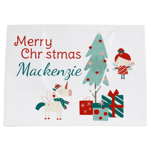 かわいい一角獣と妖精の名前をカスタムするメリークリスマス ラージペーパーバッグ (正面)