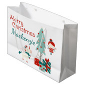かわいい一角獣と妖精の名前をカスタムするメリークリスマス ラージペーパーバッグ (正面アングル)