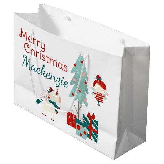 かわいい一角獣と妖精の名前をカスタムするメリークリスマス ラージペーパーバッグ (正面アングル)