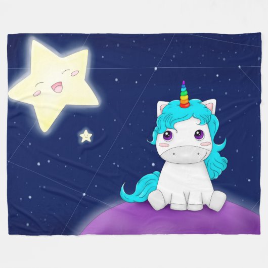 かわいい一角獣と星 フリースブランケット (正面(横))