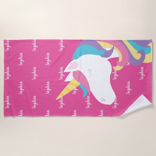 かわいい一角獣のピンクの子パーソナライズされたどもたち ビーチタオル (正面)