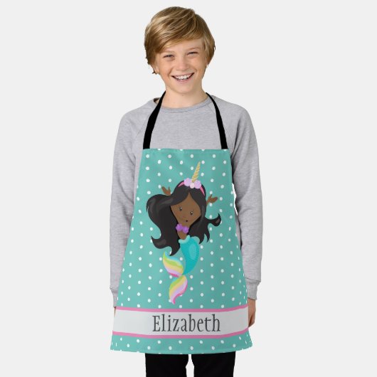 かわいい一角獣の人魚のひいさまの名前キッズドーターパターン  エプロン (着用した状態)