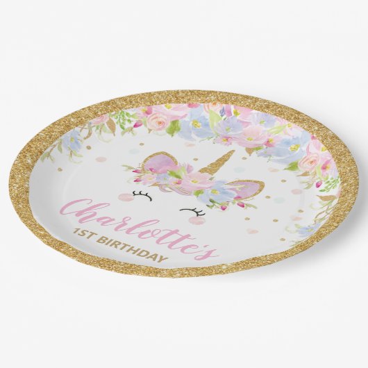 かわいい一角獣の誕生日お洒落フローラ ペーパープレート (アングル)