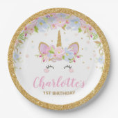 かわいい一角獣の誕生日お洒落フローラ ペーパープレート (正面)