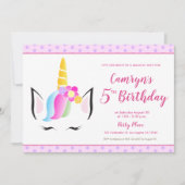 かわいい一角獣の赤ちゃん女の子の5歳の誕生日パーティー 招待状 (正面)