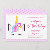 かわいい一角獣の赤ちゃん女の子の5歳の誕生日パーティー 招待状 (正面/裏面)