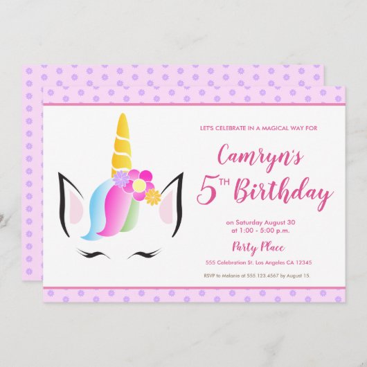 かわいい一角獣の赤ちゃん女の子の5歳の誕生日パーティー 招待状 (正面/裏面)
