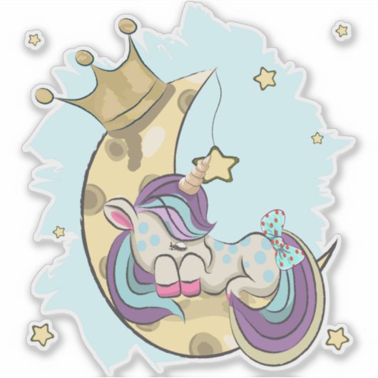 かわいい一角獣、小さな一角獣、月の一角獣 シール (正面)